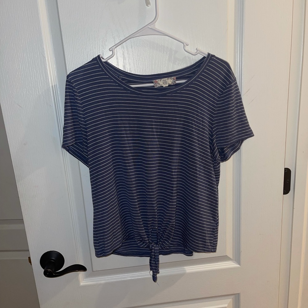 blue stripped front tie shirt